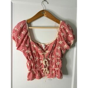 One Clothing Red Gingham Floral Lace Up Cropped Puff Sleeve Top Size L Cottage